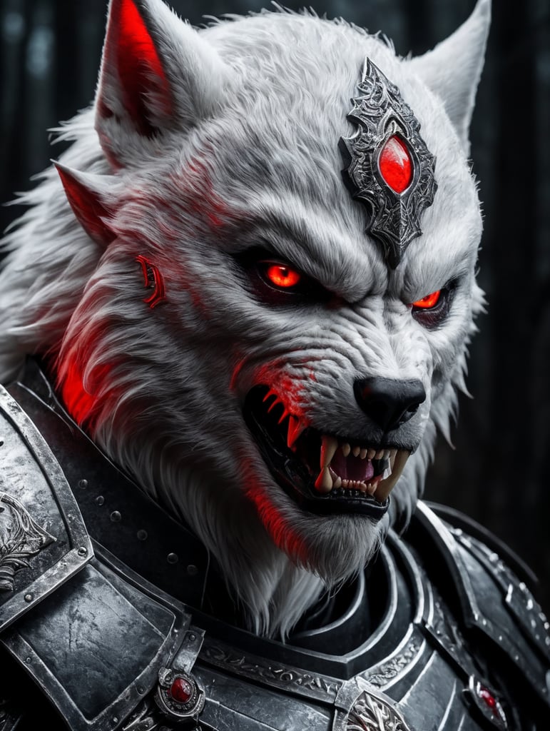 White werewolf elf assassin wearing armor with glowing red eyes