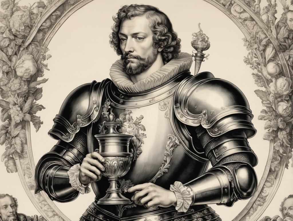engraving by Hendrick Goltzius, a knight holding a chalice
