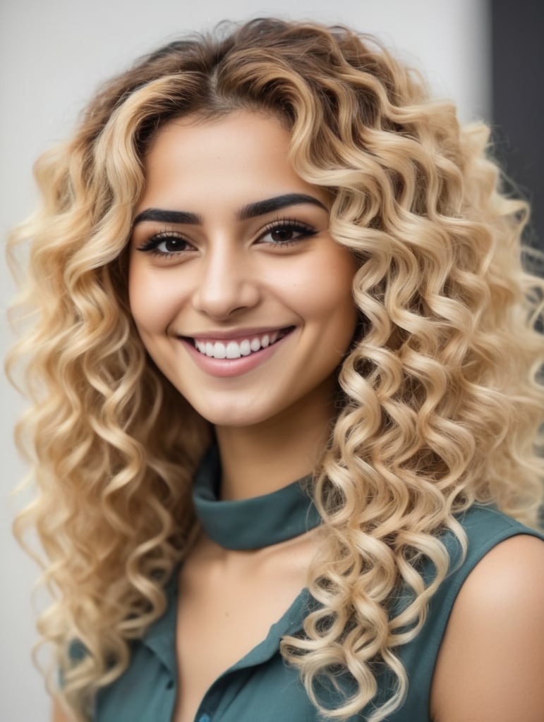 Young Iranian women, curly hair dyed blonde. Smiling.