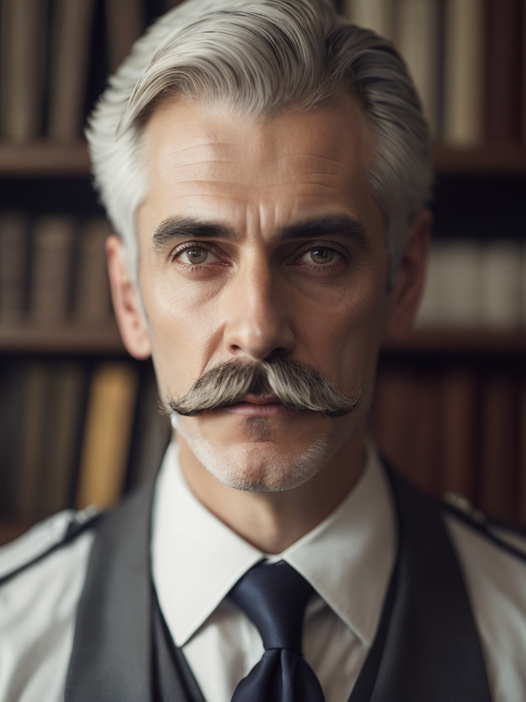 Lovecraftian portrait of a 1920s police detective, gray haired english moustache, bookshelves wide shot, artstation, concept art, illustration, ilya kuvshinov, vintage