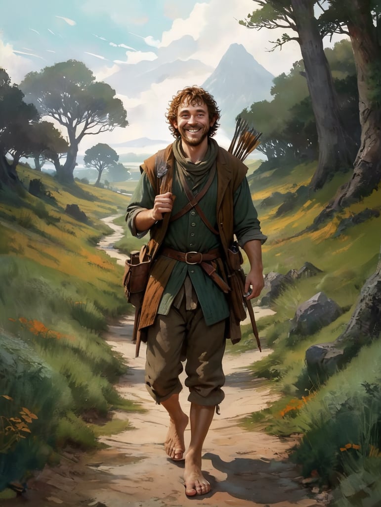 Hobbit man, barefoot, weed pipe, male, man, short, curly brown hair, big smile, freckles, hobbit, fantasy, lord of the rings, tolkien, barefoot, hobbit clothes, the shire, lord of the rings movies, smart, intelligent, happy, cloak, cowl, hunter bow, bounty hunter, leather vest, stealthy, spy, secret, rogue