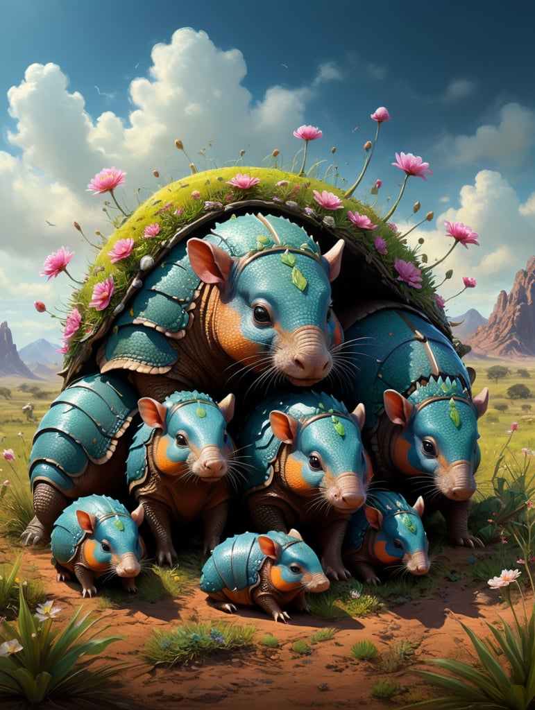 insanely detailed Mystic blossom Fairy Armadillo Family is laying in scrubby grassland, wrapped scrubby grassland", an intricate and hyperdetailed painting by Ismail Inceoglu, Huang CGSociety, ZBrush Central, modern art, digital art style""