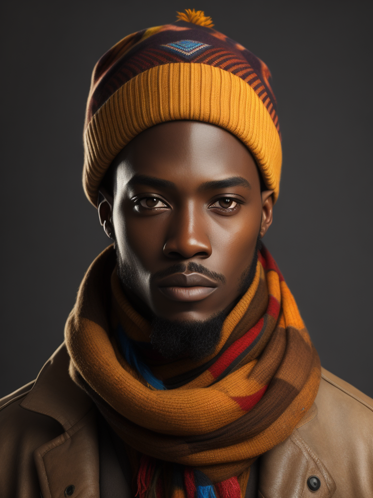 an african model wearing a brown beanie and a colorful scarf with "junk" written on it