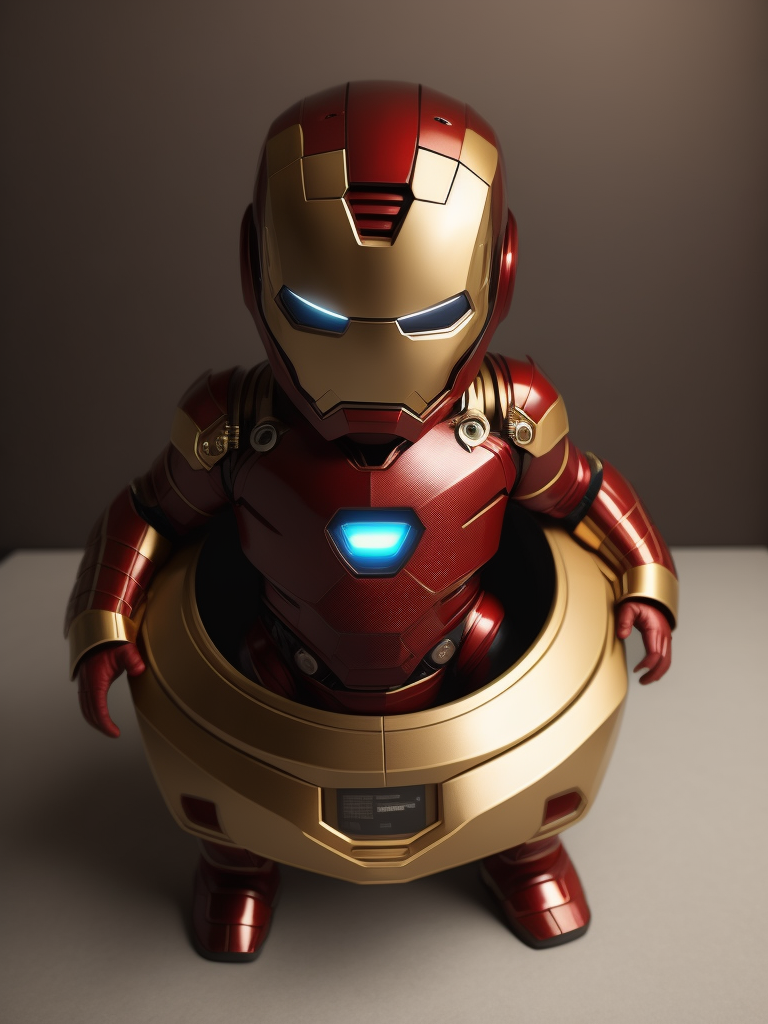 The adorable photo showcases a baby dressed in an iron man costume, capturing the essence of the iconic superhero. the little one is nestled comfortably in a red and gold onesie that mimics iron man's famous armor. the suit features meticulously crafted details, including the arc reactor on the chest and the intricate designs on the helmet. the baby's chubby cheeks and bright eyes give them an extra dose of cuteness as they gaze curiously at the camera, seemingly ready to take on the world.