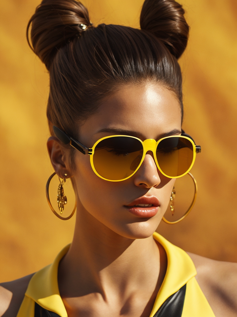 Portrait of a fashion model dressed in a black swimsuit and a yellow transparent sun glasses, Sunny weather, Contrasting light, Hair in a bun