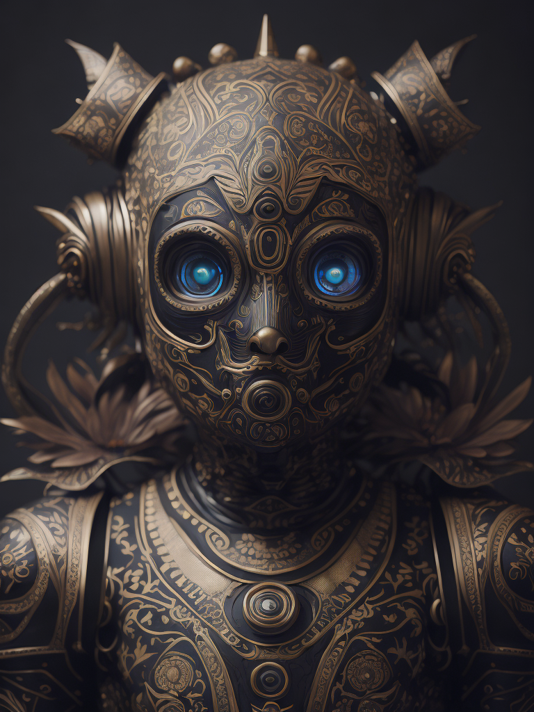 a robot is painted and decorated with flower pattern, in the style of 8k 3d, folk art-inspired illustrations, dark chiaroscuro, intricate and bizarre illustrations, maori art, close up, distinctive character design