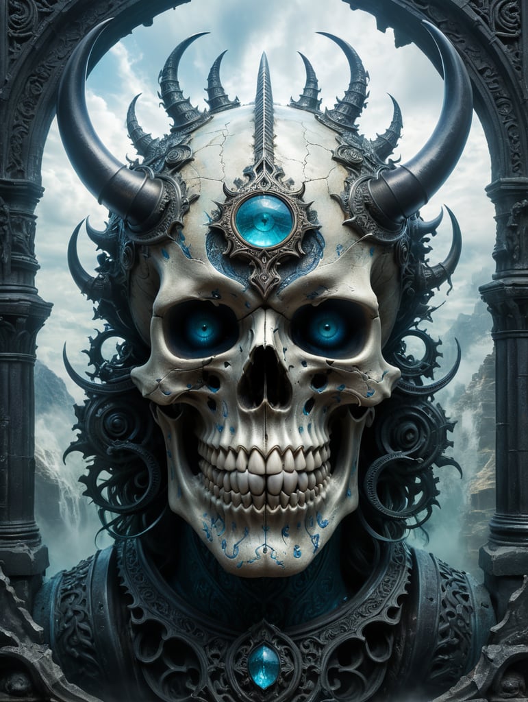 ultra-hd photography, Imagine a towering figure that embodies the nightmarish fusion of a demonic presence and ornate gothic architecture. Its skull-like face gazes forward with piercing, electric-blue eyes that illuminate the shadows. Its skin has the texture of weathered bone, with intricate, baroque designs etched into its surface, giving it an almost armored appearance. Atop its head, two massive, spiraled horns twist towards the heavens, resembling the dark, wrought iron of an ancient gate. Its broad shoulders are accentuated by wing-like structures that cascade downwards, adorned with fine, detailed scrollwork. The entire being is enveloped in an aura of spectral mist, with a color palette dominated by blacks, silvers, and icy blues, highlighting the chilling elegance of its form. Subtle hints of crimson and deep sea green add a touch of otherworldly energy to the figure, as if it's pulsing with a malevolent life force. This entity seems to be not just a creature, but a monument to darkness