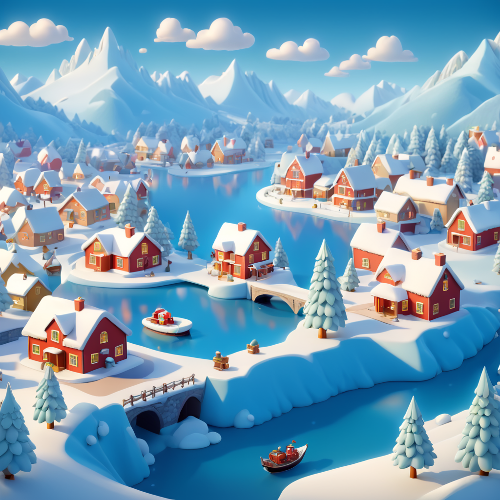 big isometric winter christmas map, vector pixar illustration