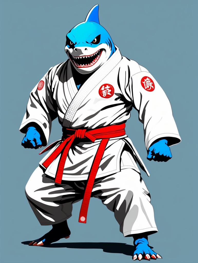 humanoid shark in judo kimono stay in action pose and angry face