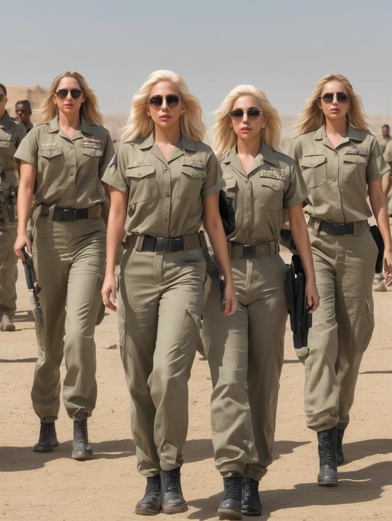 Beautiful Lady Gaga blonde hair in a desert military base with group of Military wives hd hdr photorealistic