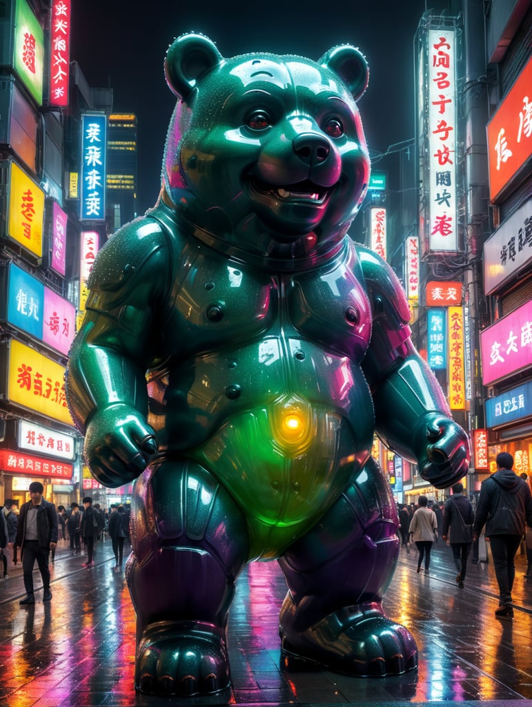 A giant Japanese gummy bear, translucent, 4 stories tall, walking through Tokyo at night, neon rainy city, cyberpunk, techno city