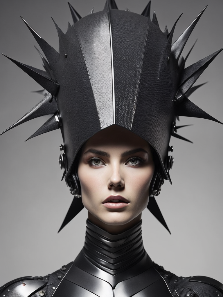 a woman in a futuristic costume with spikes on her head and a helmet on her head Avant-garde Fashion