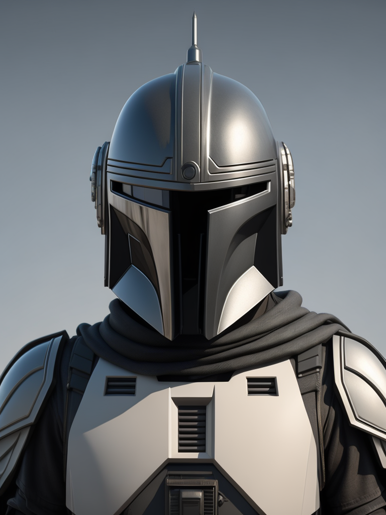 a front view of black and white Mandalorian helmet with round top