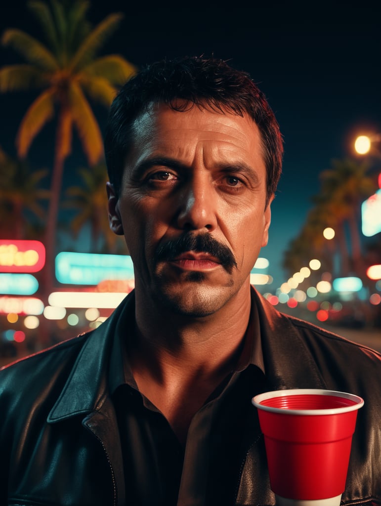 Scarface, cocaine on mustache, red plastic cup, rough streets of Florida, palm trees, neon lights, nighttime