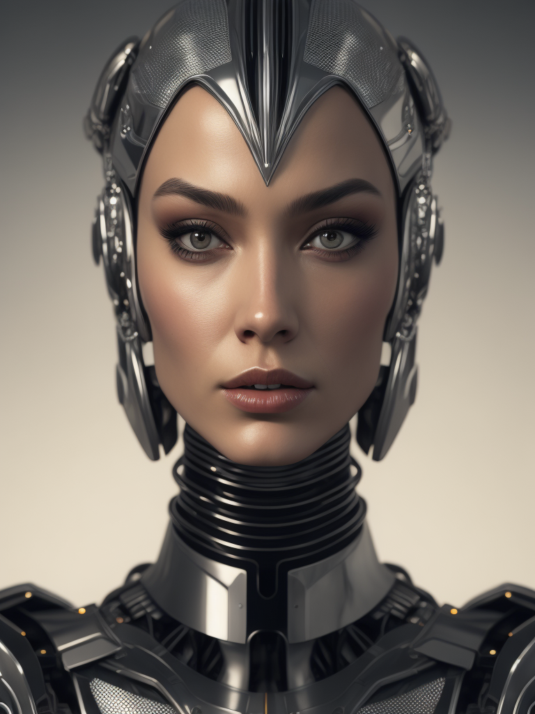 Realistic Fashion women frontal portrait Robot made of metallic shiny chromed silver, symmetric, medium shot portrait frontal, symmetry portrait, robotic, cyborg, close up portrait, head looking camera, by Hajime Sorayama and Boris Vallejo