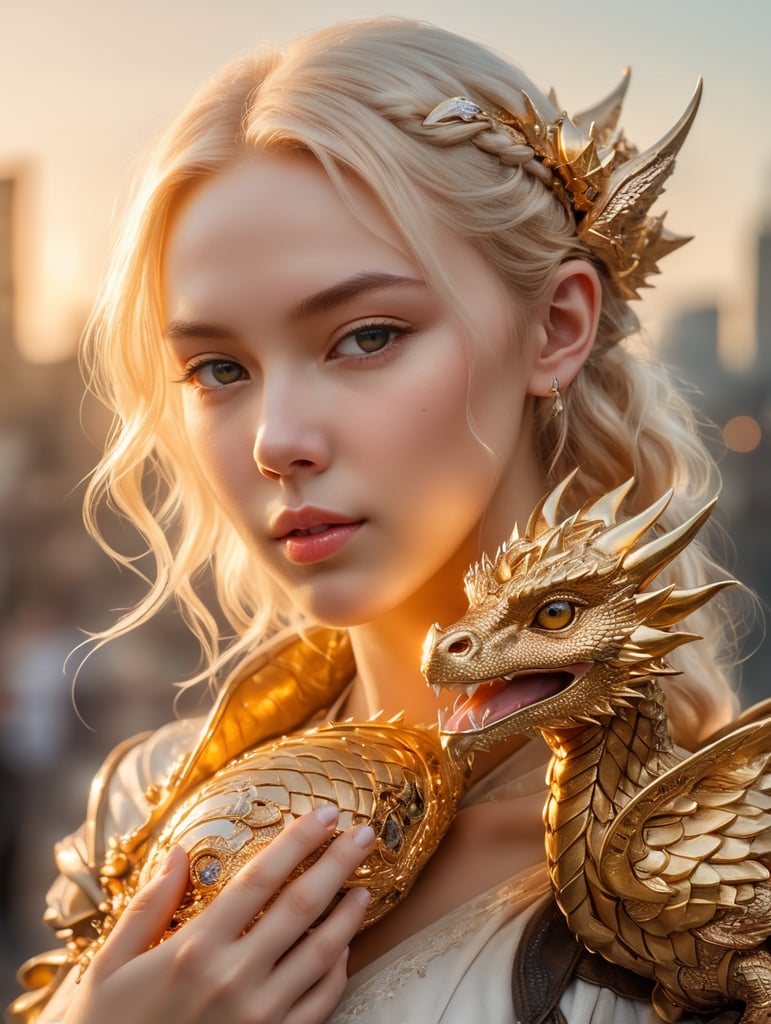 Cute young blonde headed cyberpunk girl holding her golden baby dragon, fantasy, exquisite detail, catch light, low contrast, high sharpness, depth of field, golden hour, ultra detailed photography, shiny stars in the sky