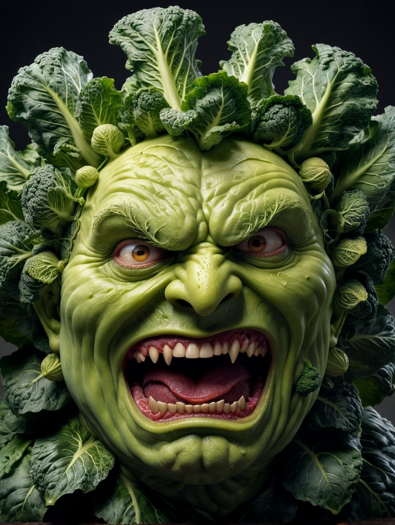 anthropomorphic evil cabbage with a huge head screams loudly, comic style, high resolution, hyperdetalization, photorealistic, high resolution