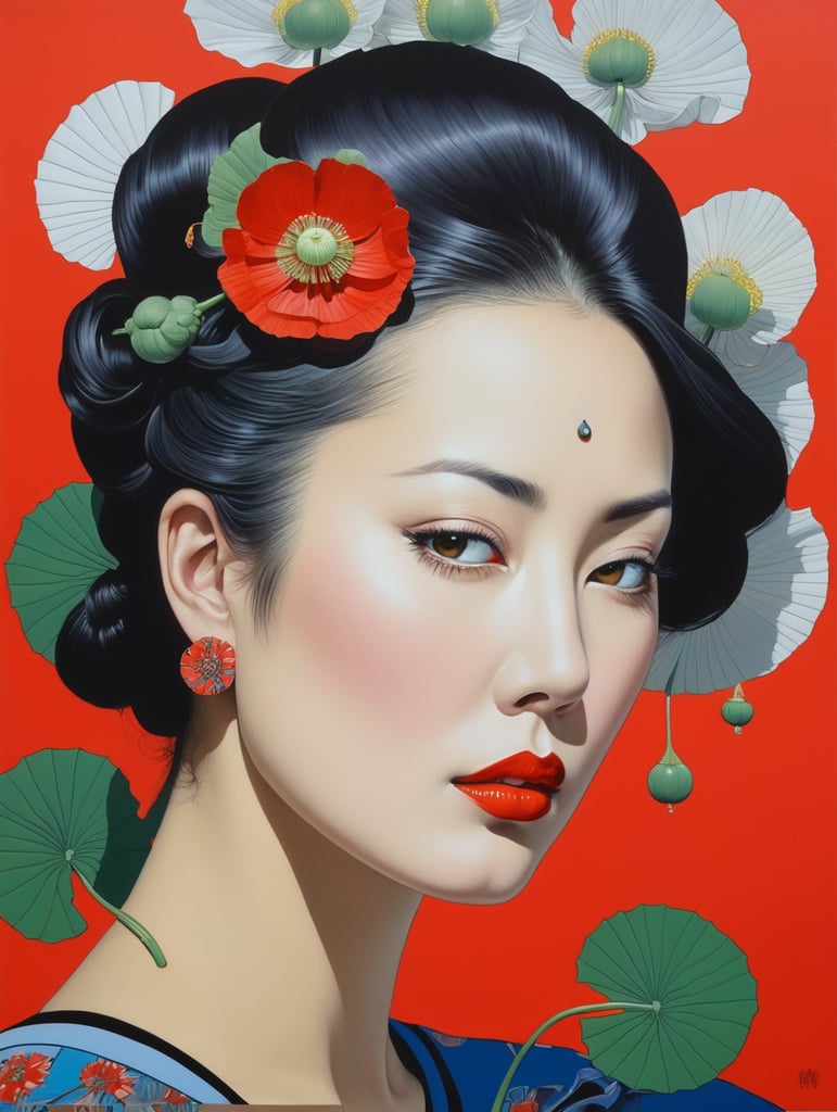 Hiroshi Nagai, ultrafine detailed painting of a woman with a n opium poppy flower in her hair, whimsical, detailed painting