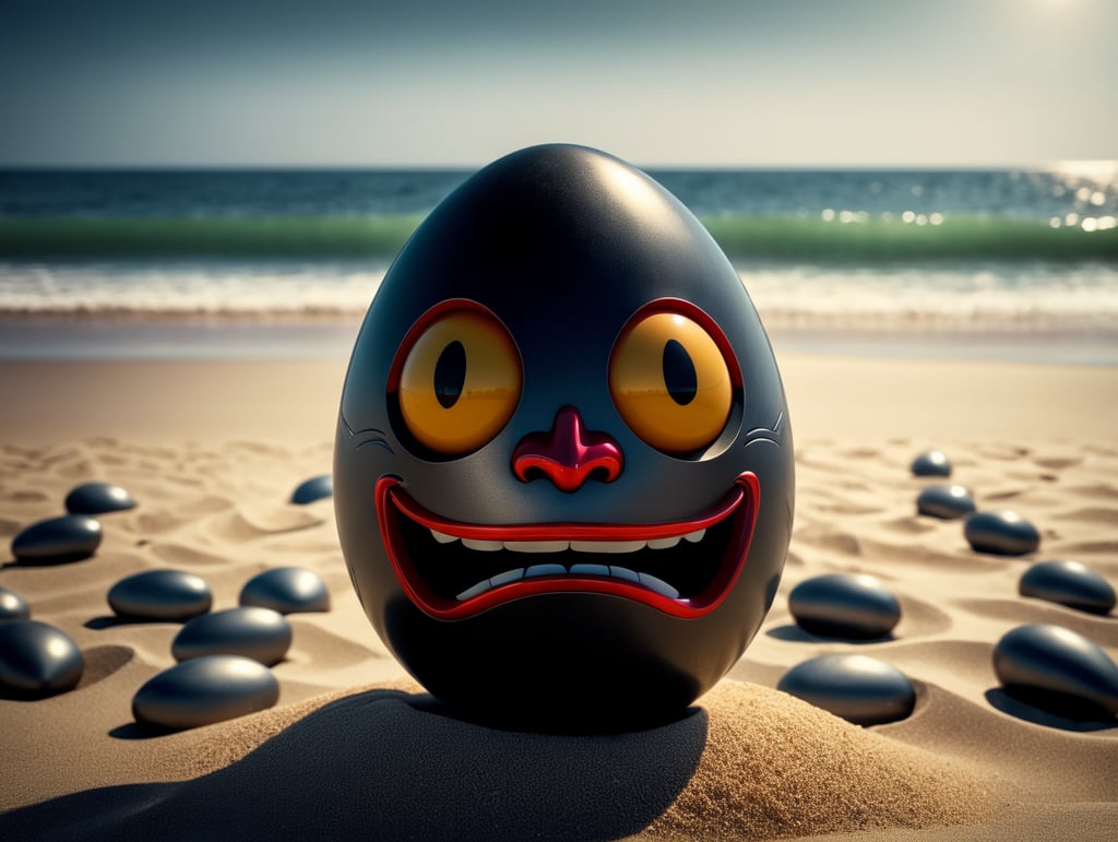 Japanese happy daruma figure as an egg. Situated on a beach close to the sea. Left has no pupil