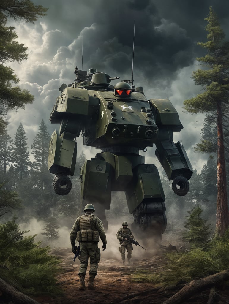 A concept art portrait of us army soldier by a tank in the pine trees, stormy and gloomy weather