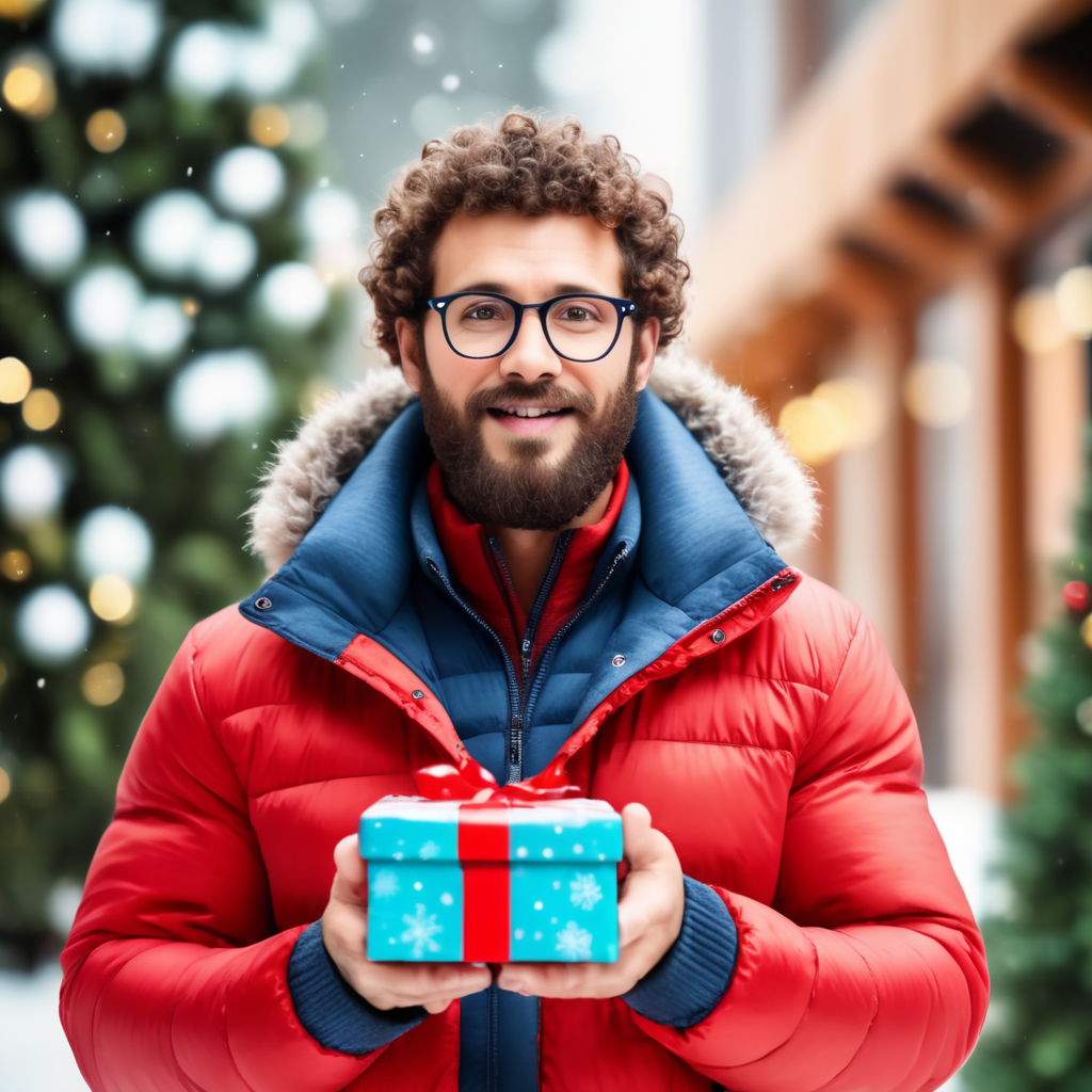 portrait of a bearded curly man wearing red puffer jacket, reeding glasses, stands front camera with gift box his hand, snowy weather, Christmas time, blurry background