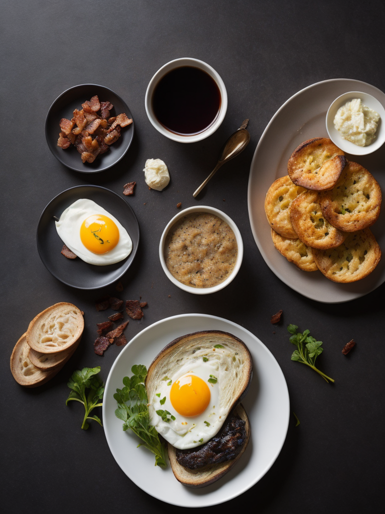 a product photo of fried eggs and bacon and hash browns and black pudding and mushrooms and toast, photorealistic, highly detailed, restaurant background, studio lighting, Canon 5D Mark iii, Canon 85mm prime lens