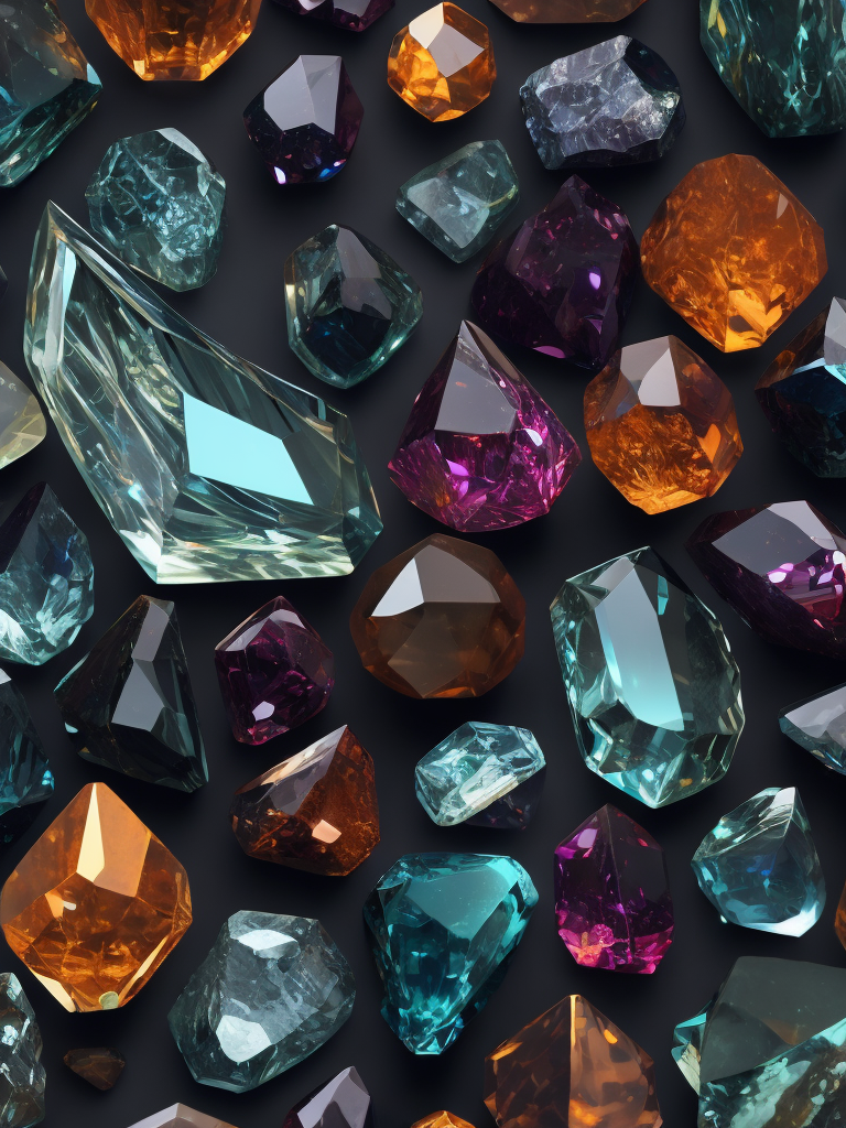 Crystal texture, pattern, background, top view, organic texture, seamless texture, scattered crystals, deep colors, contrast lighting, volumetric crystals, crystals stacked on top of each other, closely stacked crystals, knolling, flat lay, gems, crystals