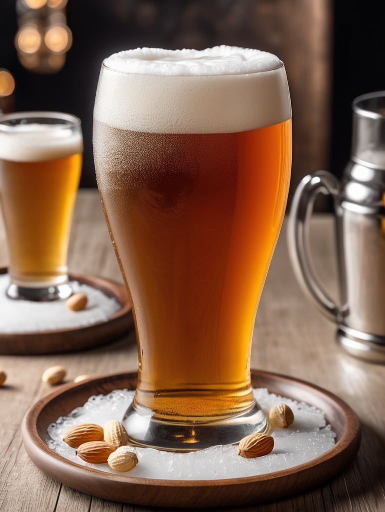 small round stainless steel plate filled with dry peanuts, one gorgeous pint of beer, beer swirl inside glass, one inch of white foam on top, transparent beer, frozen glass, advertisement, highly detailed