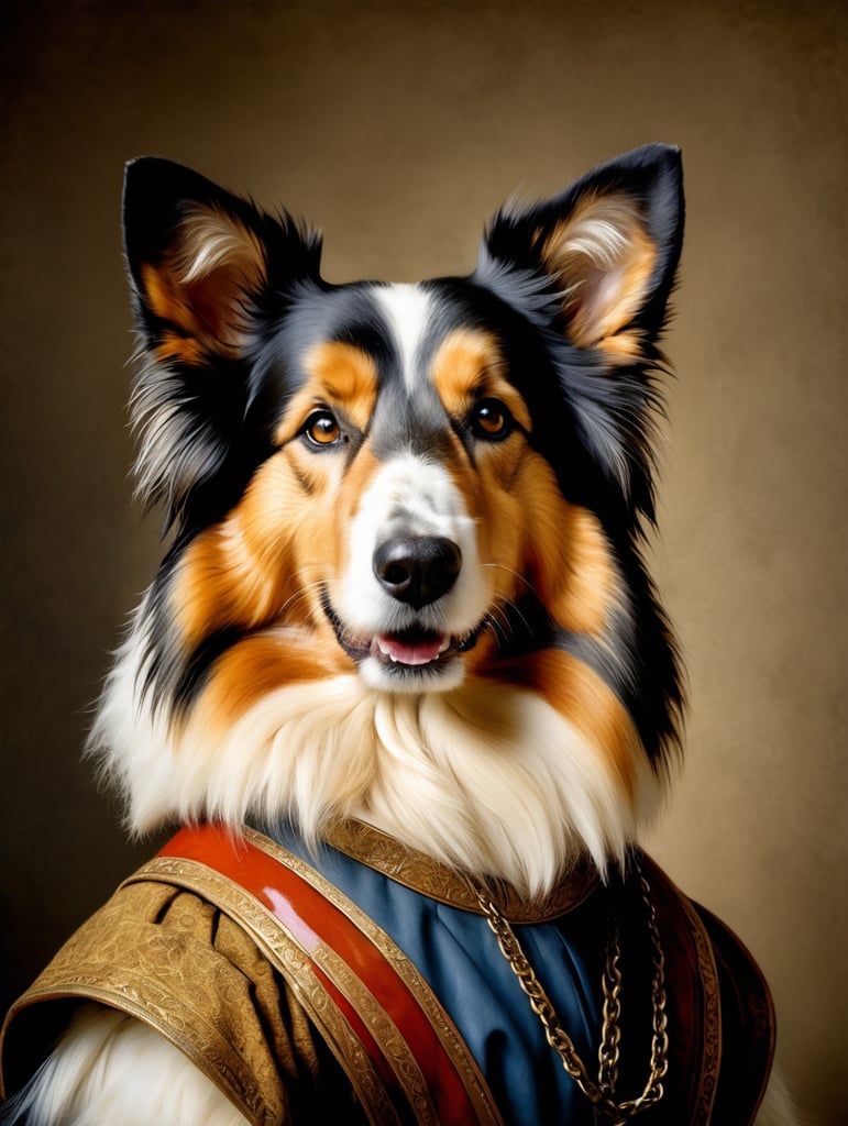 A masterpiece painting by Rembrandt Van Rijn, a Portrait of a Rough Collie the typical clothes of the time, Renaissance painting style, 2 3 view, simple background, waist upwards, highly detailed, high contrast