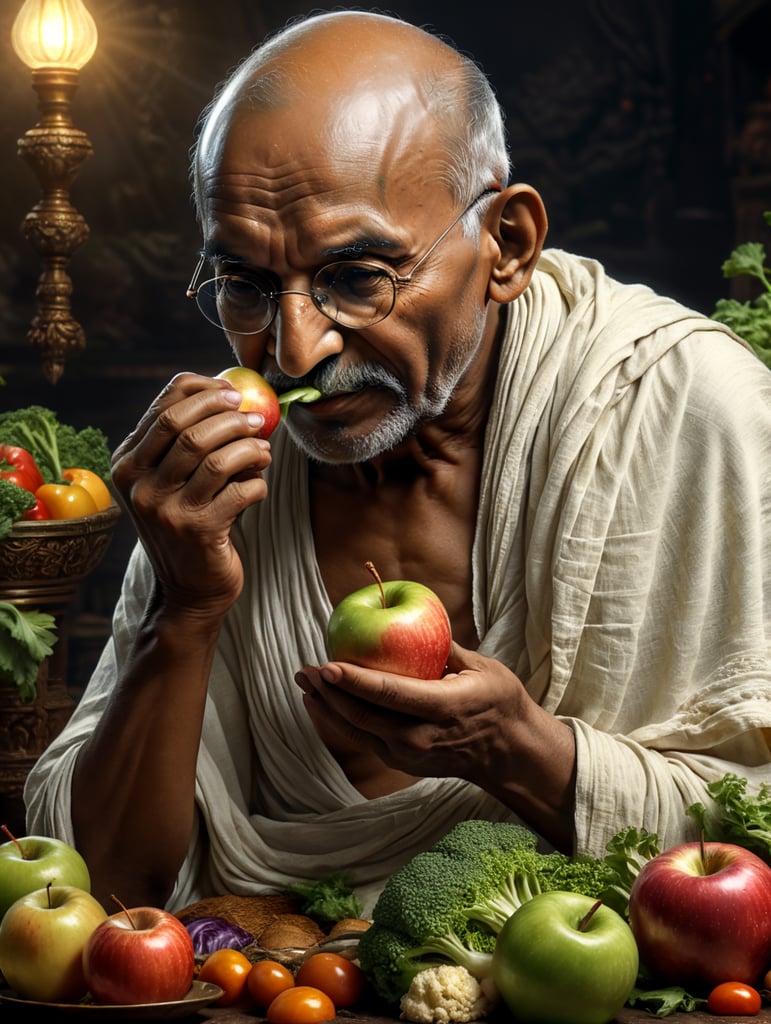 Mahatma gandhi Ji eating apple and vegetables for healthy life, high quality 4k image with high detailing resolution