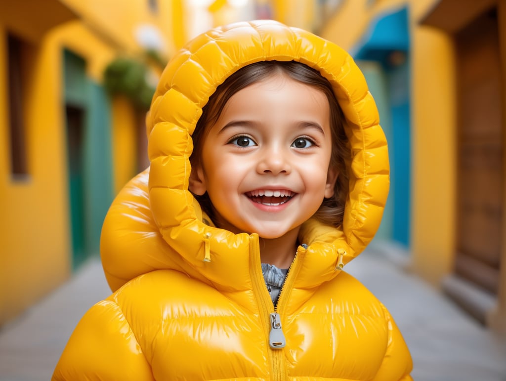 photo happy little girl going to travel, cute girl, dressed yellow inflatable puffer jacket, yellow background, harpers bizarre, cover, headshot, hyper realistic, vibrant colors