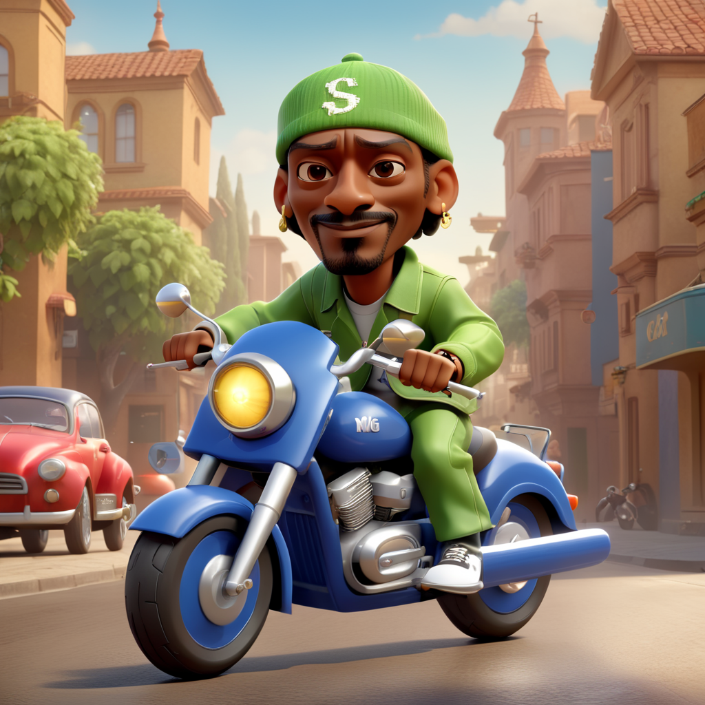 snoop dogg pixar style riding motorbike