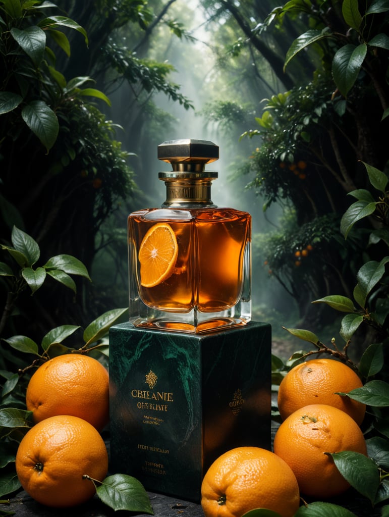 professional photography of a luxury perfume, orange fruits around, orange forest, green satin scarf, no label, clear, mockup