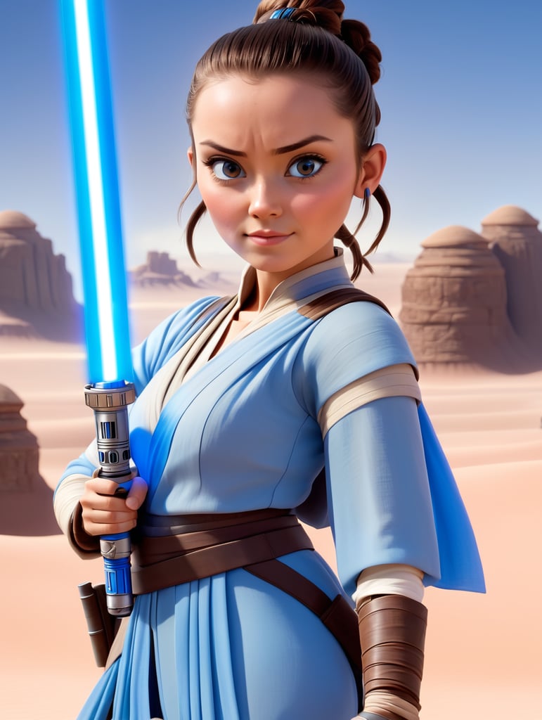 Crazy, funny 30 year old female, pale skin, straight dark brown hair tied in a ponytail, dressed as Rey Skywalker holding blue lightsaber in desert One person only.