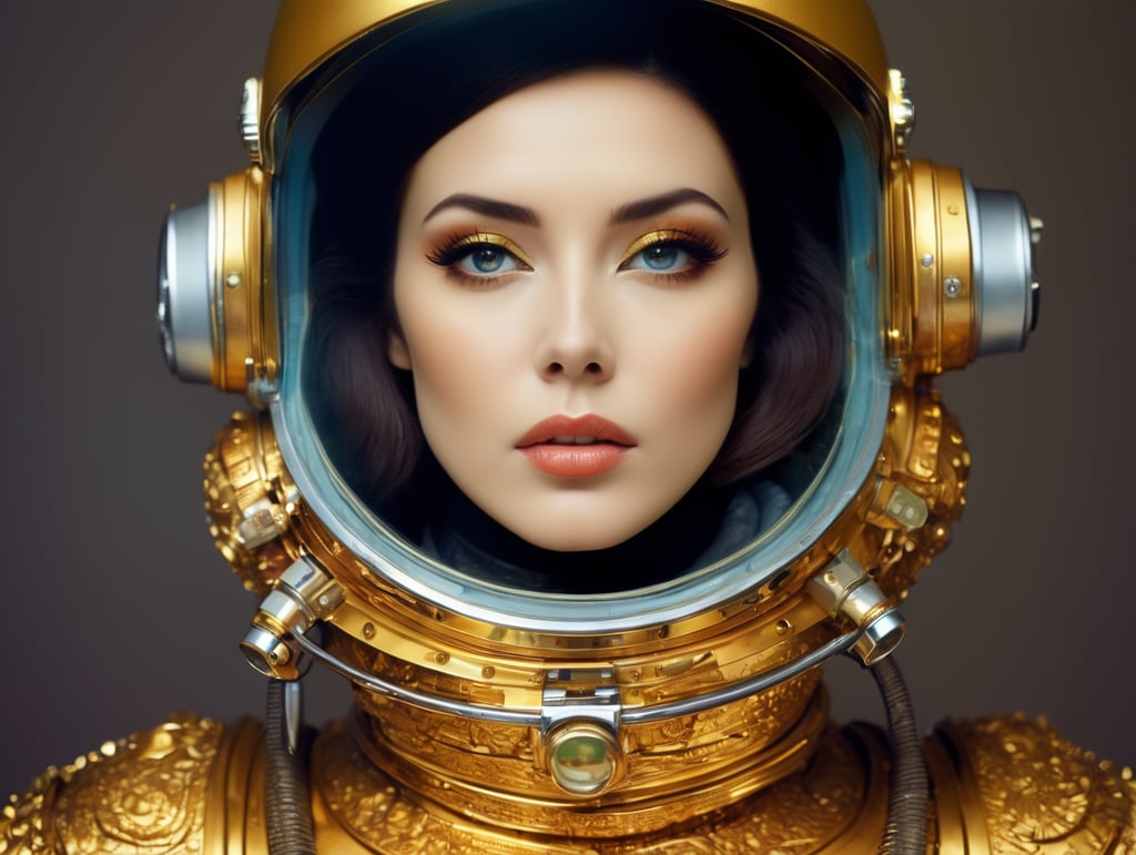 In 1998, abstract fashion photography captured a 1960s astronaut woman in a gold spacesuit with a large helmet and glasses. The art, created by Victor Moscoso and Bridget Riley, used Kodak Ektar 100 film. Carne Griffiths added a touch of magic with fluid art, while artists like Conrad Roset, Ilya Kuvshinov, Mark Fielding, and Zwy Studio emphasized high lights in the eyes. Sergio Lopez and Natalie Shau also contributed to the artwork.