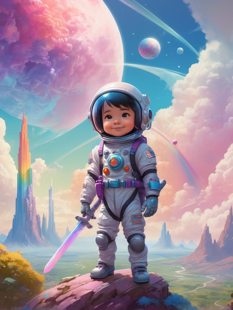Highly detailed portrait of a cute little astronaut. he has a bright and cheerful color scheme, featuring a mix of pastel blues, pinks, and purples, standing with his arms folded holding a toy sword, surrounded by a swirl of energy. the background is a colorful cartoon landscape, with fluffy clouds and a rainbow. the background is a stark, metallic landscape, with a futuristic cityscape visible in the distance. by atey ghailan, by eduard hopper, by greg tocchini, by james gilleard, grunge aesthetic graffiti