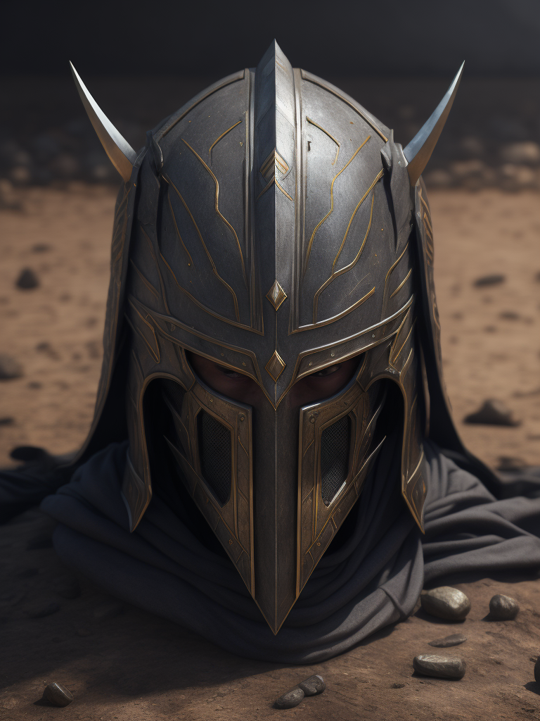 Art of a Sapartan knight's helmet, fallen to the ground after a battle