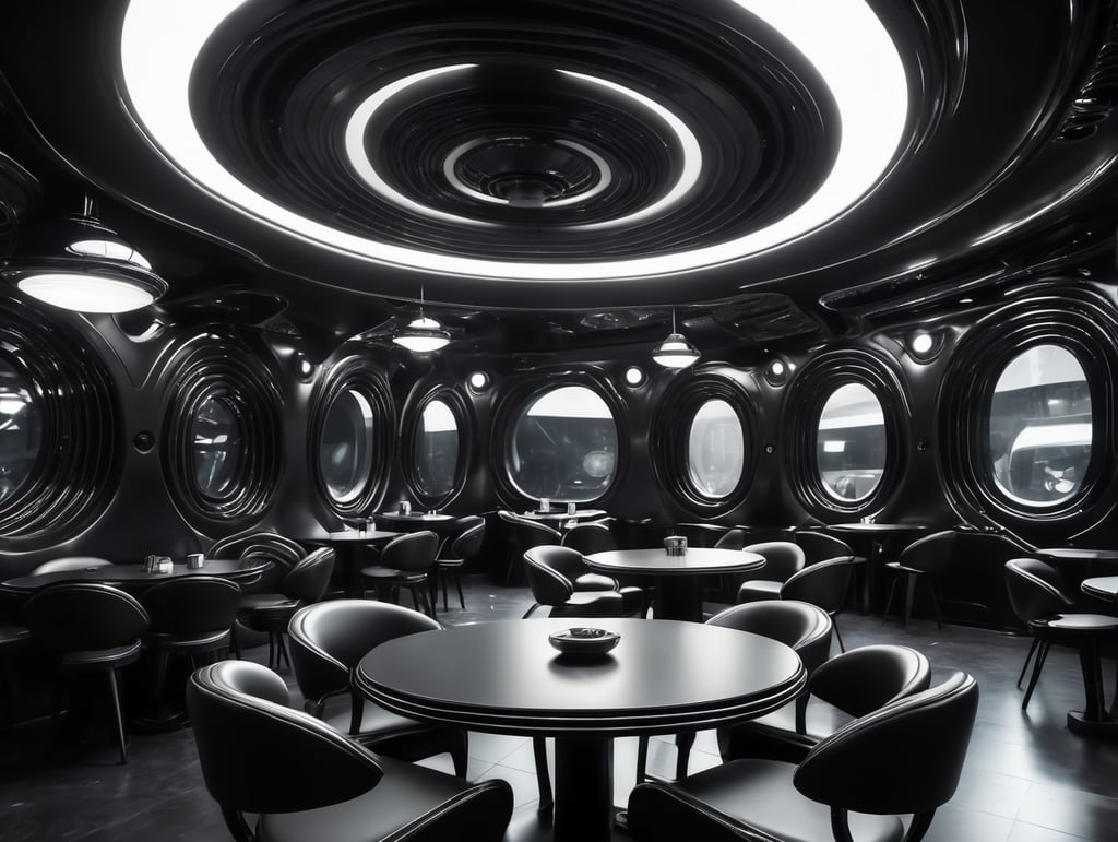 Futuristic interior of UFO cafe. Alien interior, black tones