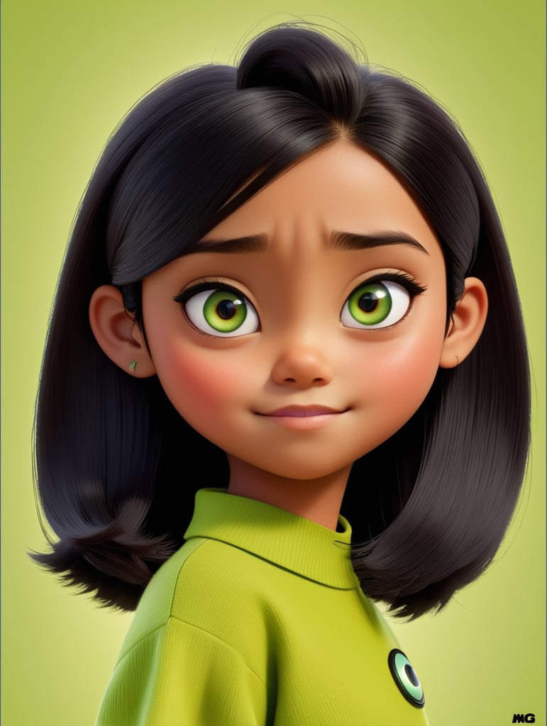 A Disney Pixar-inspired movie poster with title "nik.rdn" , black hair,one eye is green and the other is brown , girl, short hair, 13 years old , bright skin , black clothes