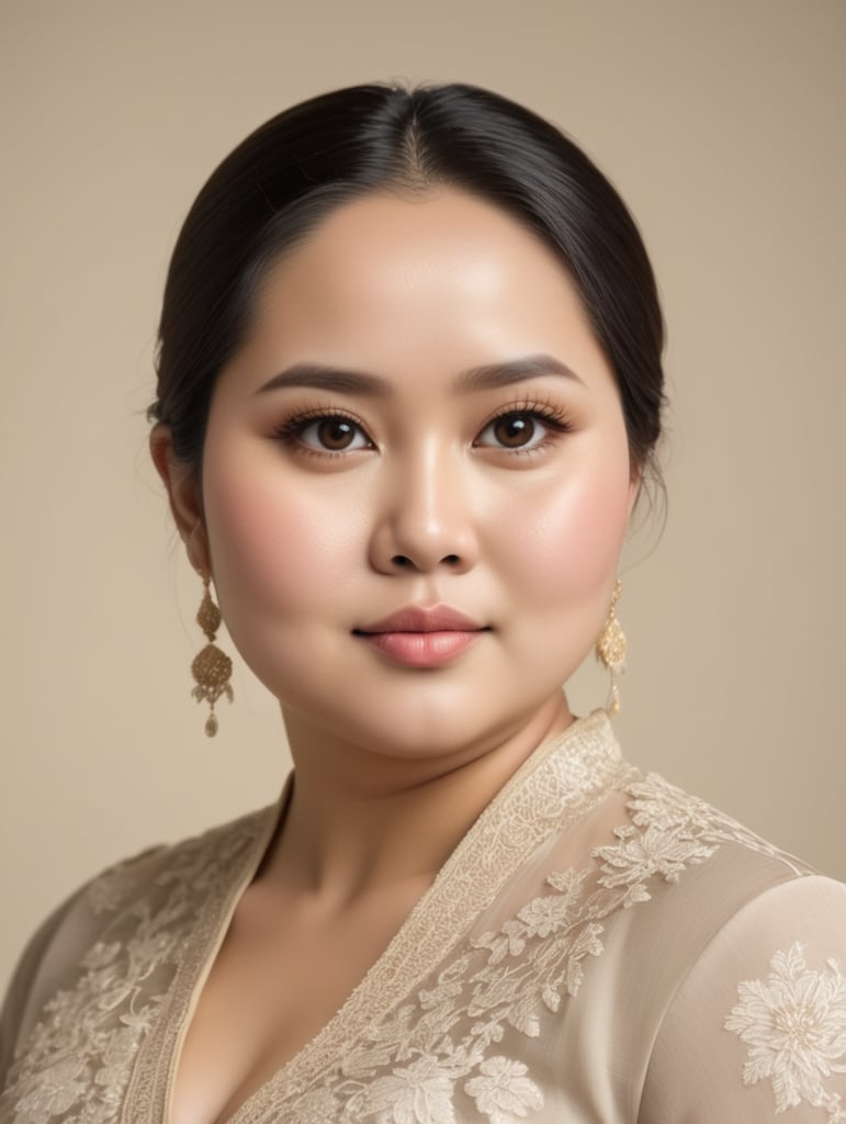 An Indonesian woman is slightly fat, chubby cheeks, flat nose, Slightly oval face shape,wearing a kebaya,No make up, white skin