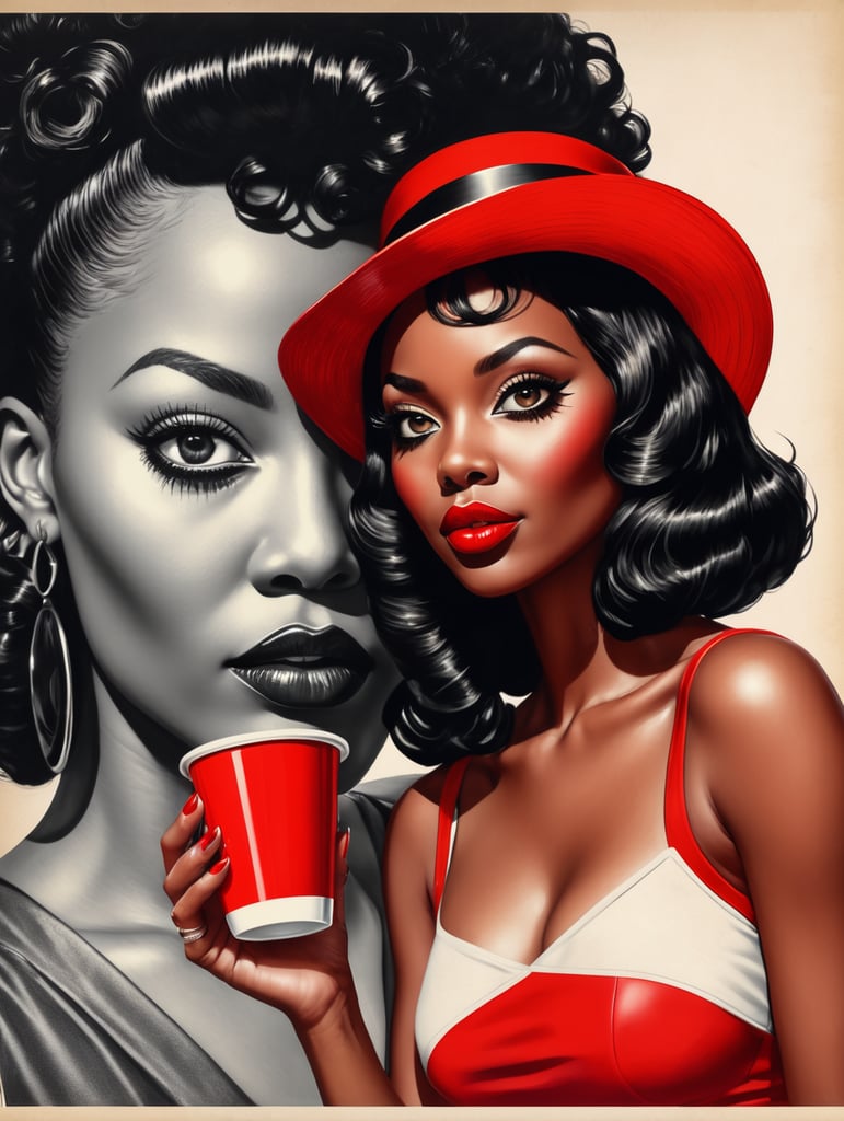 Miami black woman holding a red cup eye-catching poster-style drawing and illustration representing the iconic pulp style.