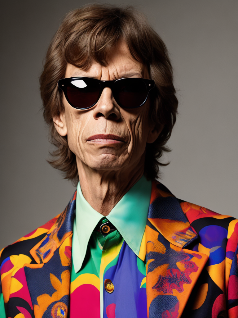 Mick Jagger wearing a brightly patterned jacket and wayfarer glasses, Vivid saturated colors, Contrast color