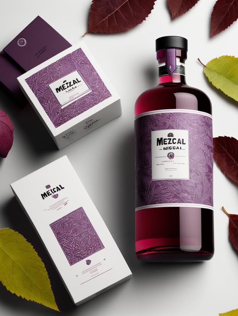 Packaging and branding for a mezcal brand as if it had been designed by HI ESTUDIO with In a set design with bricks, black currant and dry leaves.