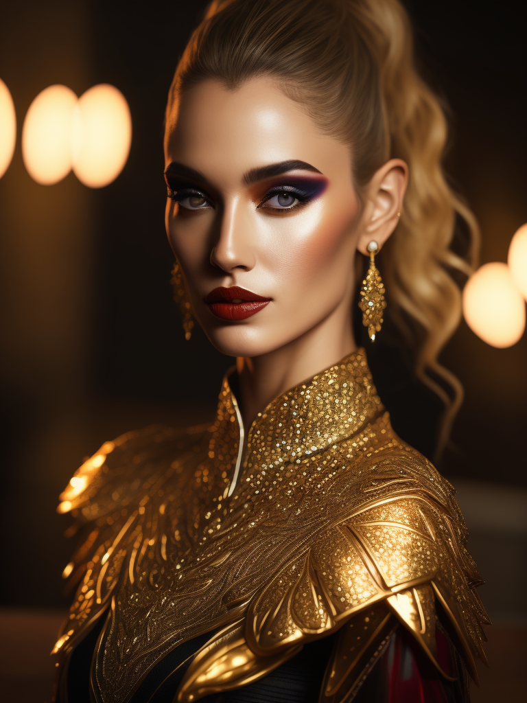gold on table, bright and saturated colors, elegant, highly detailed, vogue, fashion magazine, sharp focus, bright expressive makeup, dramatic lighting, depth of field, incredibly high detailed, blurred background'