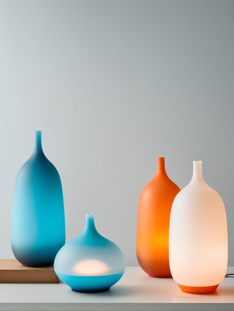 A contemporary minimalist semi-translucent silicone lamp with vibrant cyan blue and orange gradient colors as if designed by hi studio.