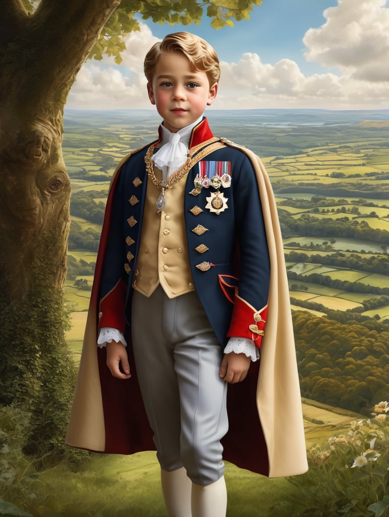 Realistic style, An enchanting portrayal of Prince George of England, featuring him in regal attire, surrounded by vast landscapes representing the one hundred and thirty-three thousand acres of land he inherited across twenty-three counties in the United Kingdom, representing his immense wealth. hyperdetailed, 8k, hyperrealistic