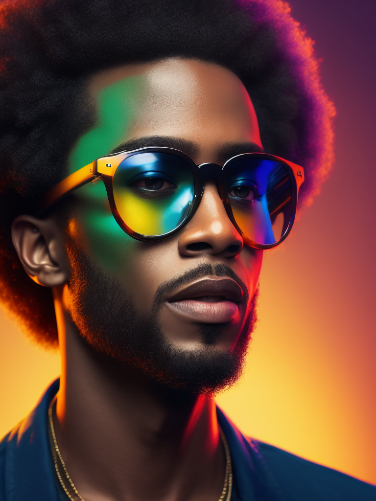 Detailed portrait of the singer the Weekend, Glasses with colored lenses, bright saturated colors, with a small beard, afro hairstyle, bright gradient background,