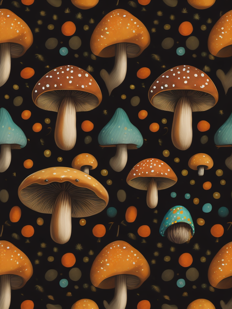 Traditional hand drawn cute funny mushroom with vibrant colors, sets seamless pattern, conceptual unique elegant shapes pattern