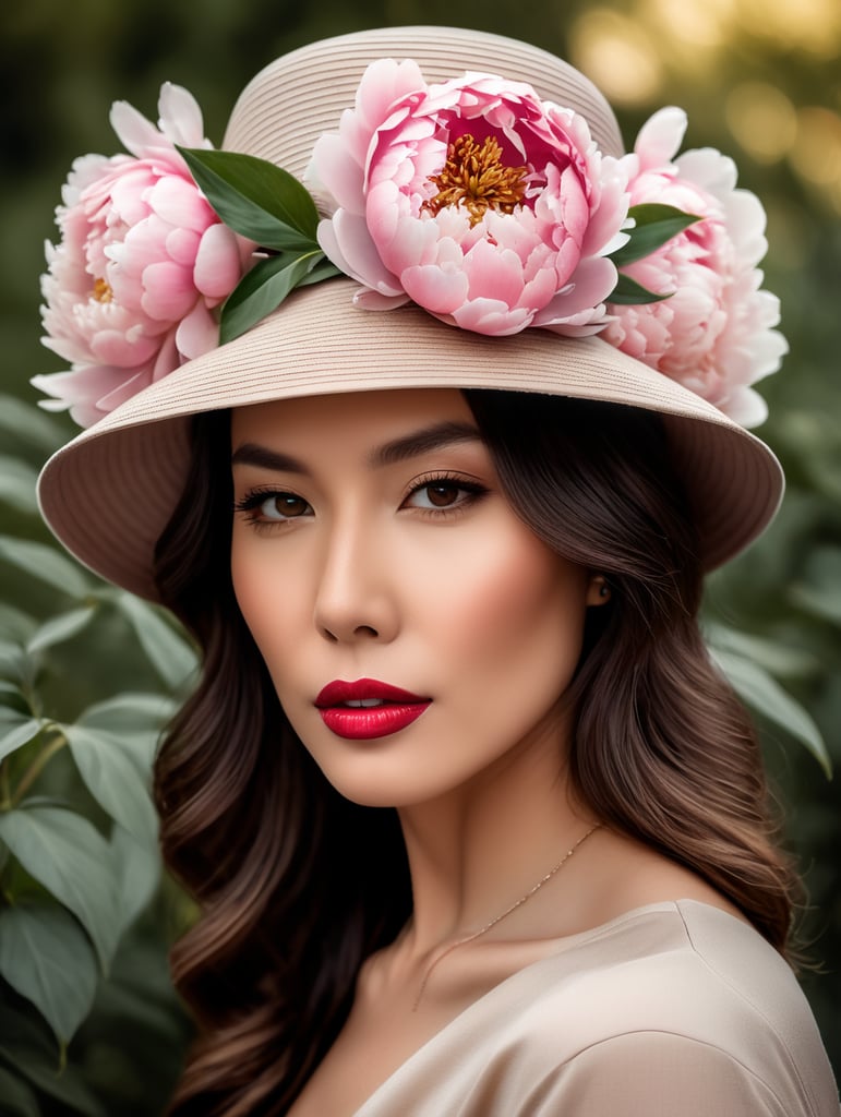 a hat with peonies on a woman's head