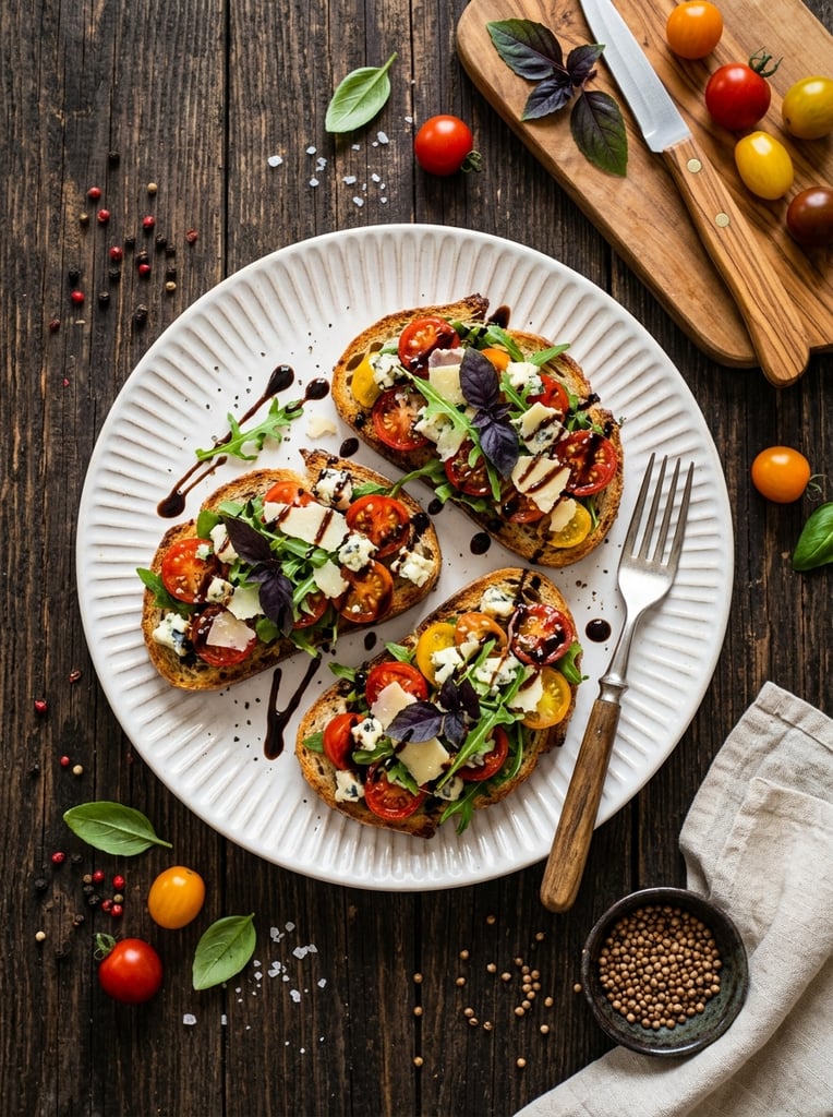 Top-down flat lay of three bruschetta toasts on a ridged white plate over a rustic dark wooden table. The crostini are heavily layered with cherry tomatoes, crumbled blue cheese, shaved parmesan, fresh arugula, purple basil leaves, and a thick balsamic drizzle. A silver fork rests on the plate, surrounded by scattered peppercorns, loose cherry tomatoes, a folded white napkin, a wooden cutting board with a knife, and a small dark bowl of coriander seeds under warm, rich overhead lighting.